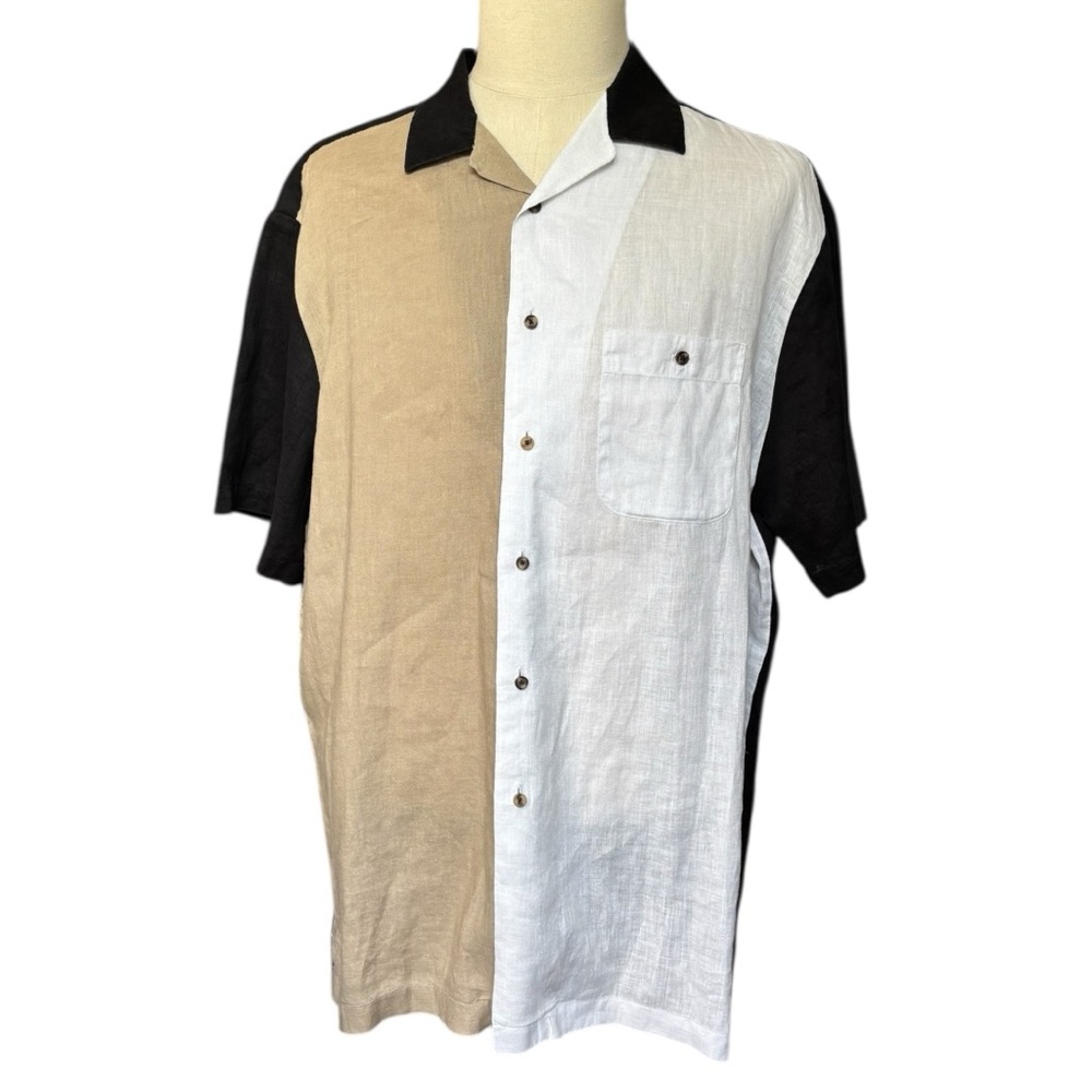 Paul Fredrick pure linen classic fit short sleeve color block button shirt | XXL